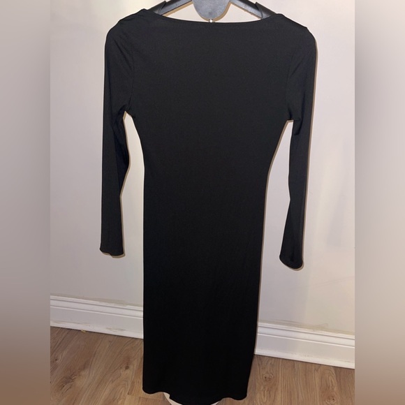 Black Long Sleeve Square Neck Split Thigh Fitted Bodycon Midi Dress - Picture 8 of 10